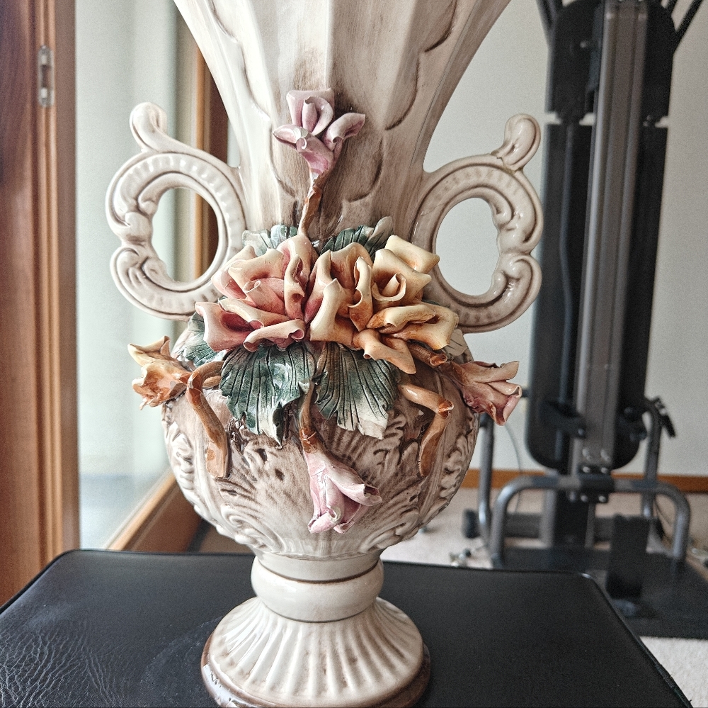 Capodimonte Italian Porcelain Floral Vase in Cream with Pink Accents